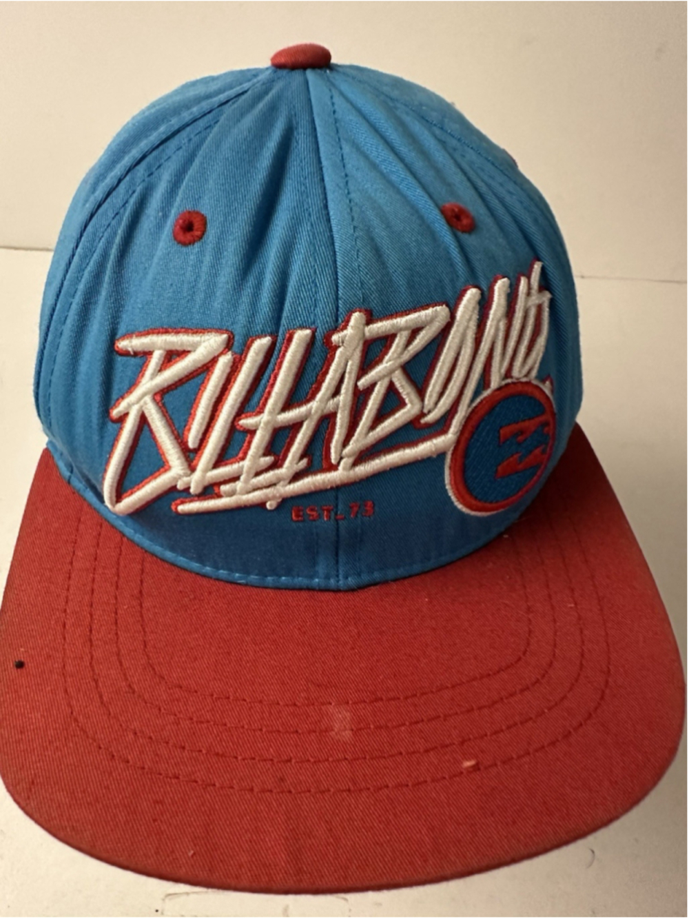 Billabong Snapback Hat Light Blue Red Flat Brim Surf Skate Cap 3D Script Logo